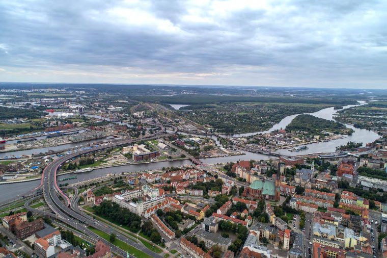 Aerial view of Szczecin's riverfront and Old Town