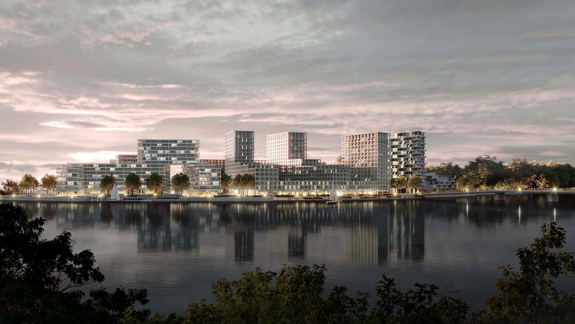 Green Island waterfront development at dusk