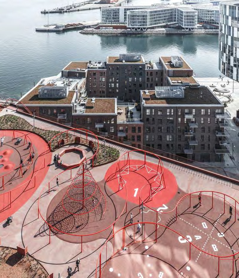 Aerial of waterfront public space and play areas