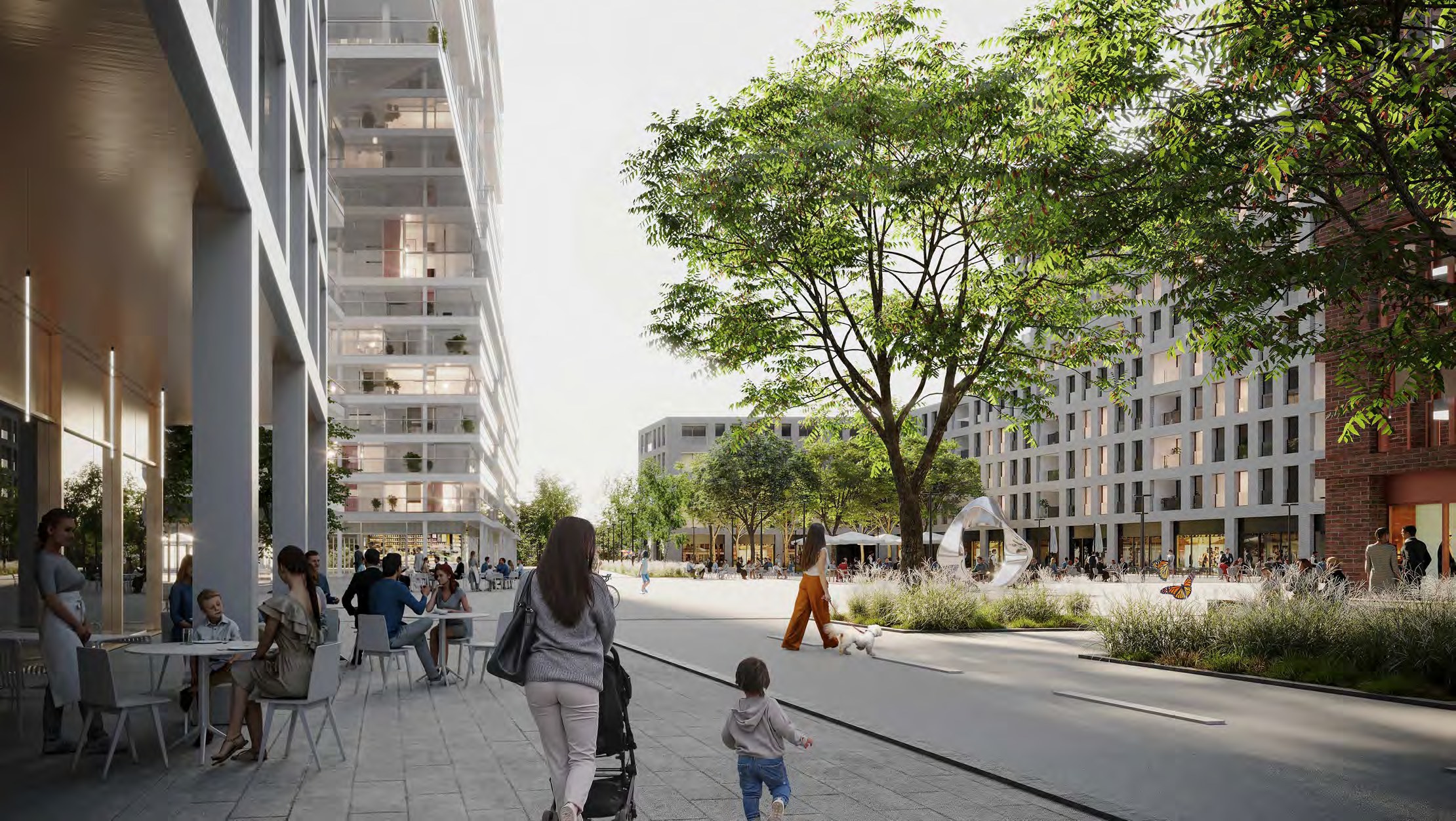 Eye-level render of a Green Island promenade with people and trees
