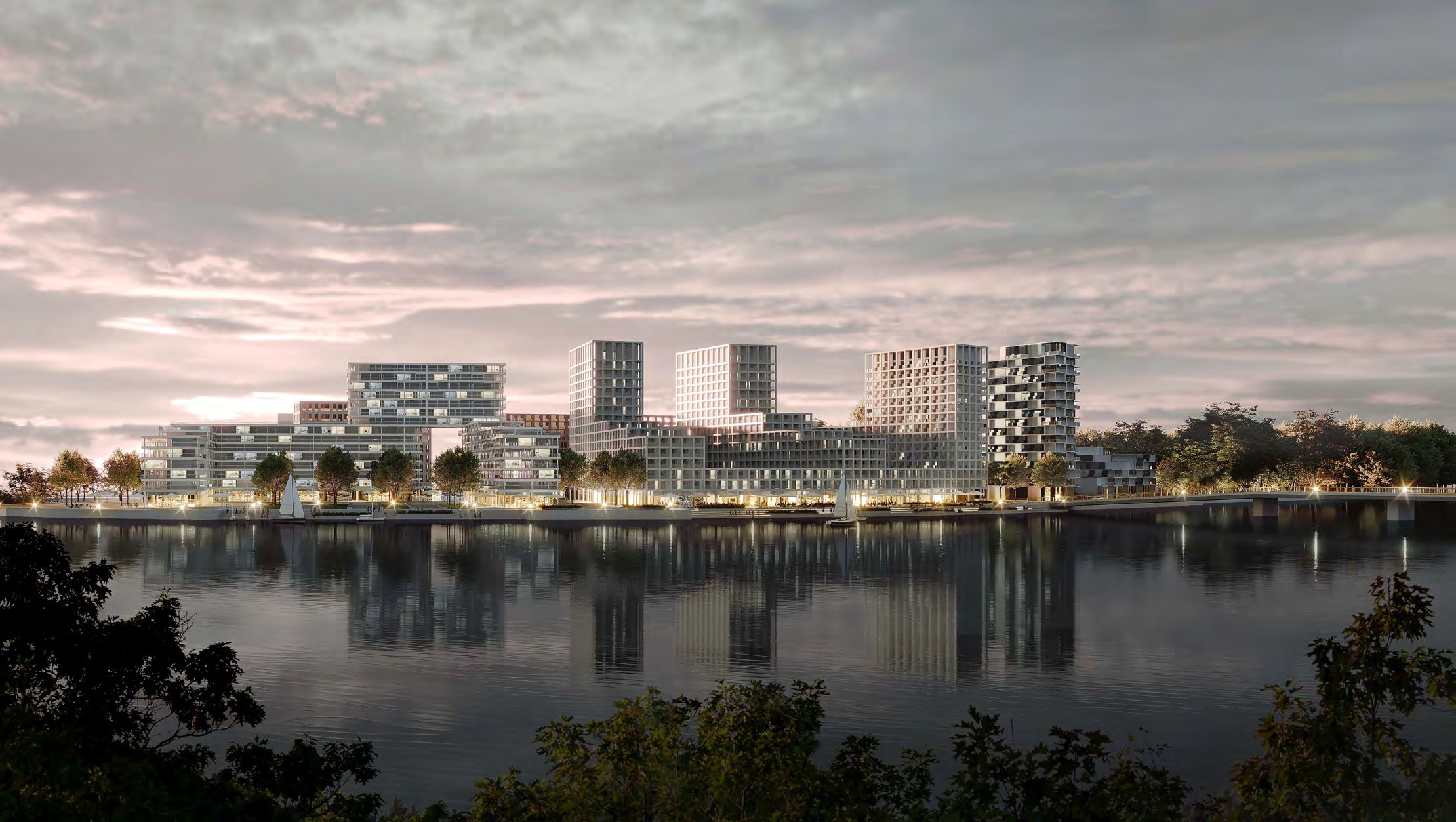 Waterfront skyline render of Green Island at dusk